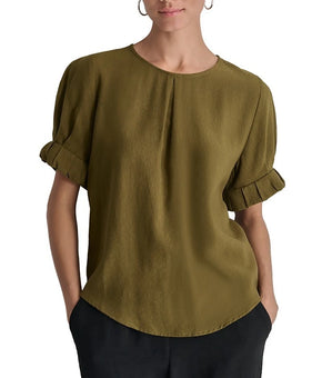 DKNY Women's Puff-Sleeve Pleated Top in Dark Olive Green Size M MSRP $79
