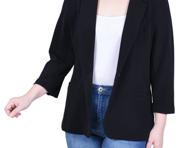 Ny Collection Womens Open Front Blazer Petite Jacket 3/4 Sleeves Black Size PM