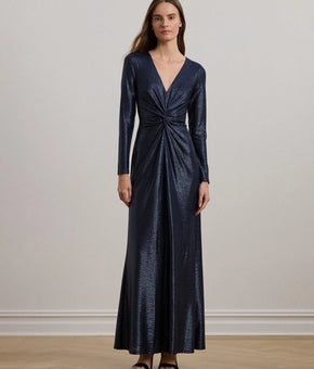 Lauren Ralph Lauren Women Metallic Knit Twist-Front Gown Blue Size 14 MSRP$285