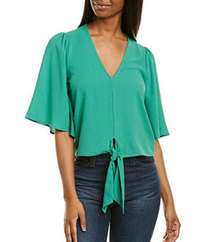1.STATE Womens Flounce-Sleeve Tie-Front Top, Green, Size X-Small
