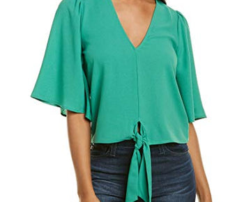1.STATE Womens Flounce-Sleeve Tie-Front Top, Green, Size X-Small