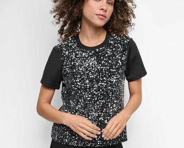 DKNY Women's Crewneck Short-Sleeve Sequin Blouse Black Size L MSRP $89