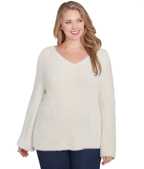 HEARTS OF PALM Plus Size 1X To Shine Eyelash V-Neck Sweater Ivory Gold MSRP $62