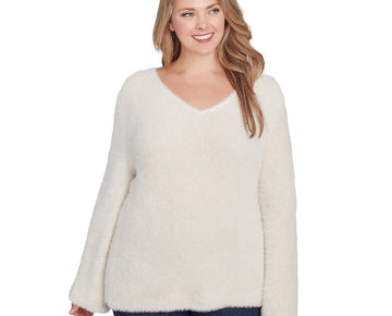 HEARTS OF PALM Plus Size 1X To Shine Eyelash V-Neck Sweater Ivory Gold MSRP $62
