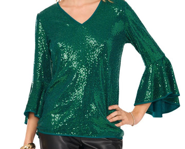 Vince Camuto Women's Sequined V-Neck Bell-Sleeve Top Green Size M MSRP $89