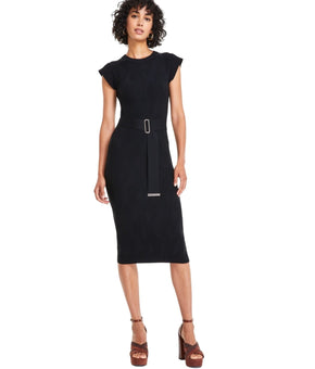 Vince Camuto Womens Textured-Knit Cap-Sleeve Midi Dress Black Size L MSRP $148