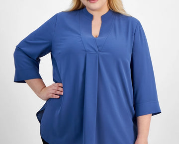 Anne Klein Plus Size 1X Split-Neck 3/4-Sleeve Tunic Top Blue MSRP $99