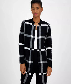 Kasper Cardigan Sweater Womens Petite Size S Black White Plaid Open Front $119