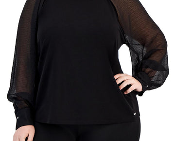 Calvin Klein Womens Plus Mixed Media Blouse Black Size 0X