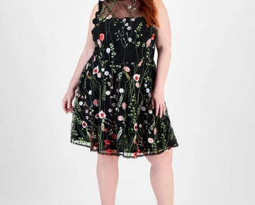 City Studios Trendy Plus Size 16W Black Mock-Neck-Embroidered Mesh Dress $109