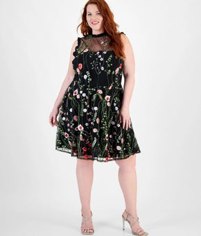City Studios Trendy Plus Size 18W Black Mock-Neck-Embroidered Mesh Dress $109
