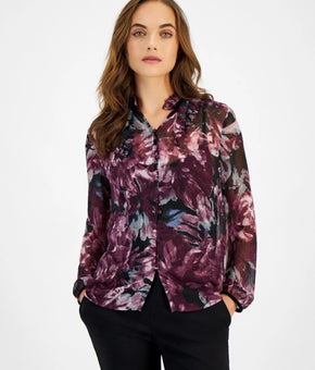 Anne Klein Women's Printed Long Sleeve Button-Front Shirt Black Size L MSRP $99