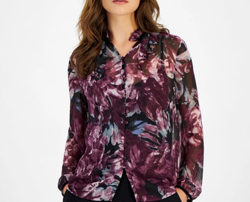 Anne Klein Women's Printed Long Sleeve Button-Front Shirt Black Size L MSRP $99