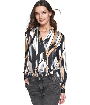 KARL LAGERFELD PARIS Women's Geo-Printed Faux-Wrap Satin Top Black Size XL $89