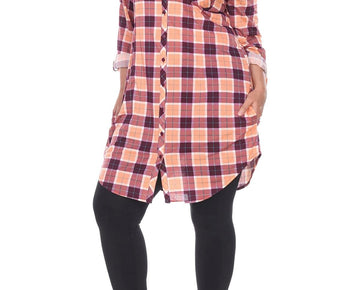 White Mark Womens Plus Piper Plaid Button Front Tunic Top Size 1X Orange