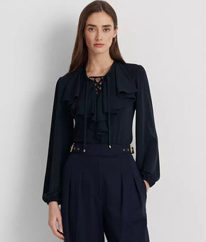 Lauren Ralph Lauren Womens Ruffle-Trim Jersey Lac Lauren Navy Size XL MSRP $125