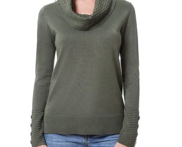 Melissa Paige Women's Chevron-Trimmed Cowl-Neck Sweater Olive Green Size L