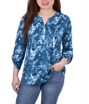 NY Collection Petite Knit Jacquard Roll Tab Top Blue Tiedye Size PL Blue