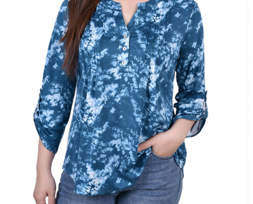 NY Collection Petite Knit Jacquard Roll Tab Top Blue Tiedye Size PL Blue