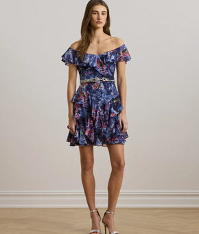 Lauren Ralph Lauren Print Off-the-Shoulder Cocktail Dress Blue Size 14 MSRP $225