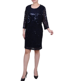 NY Collection Women's Blue Sequined Bolero Jacket & Dress Set Petite Size PL $64