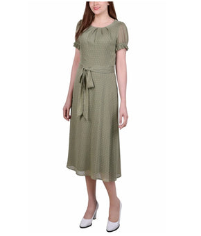 NY Collection Womens Swiss Dot Pin Tuck Midi Dress, Olive Green, Petite, Size PL