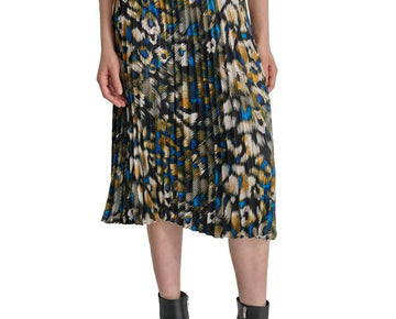 DKNY Womens Logo Waistband Pleated Satin Midi Skirt Leo Size S