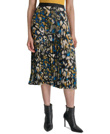DKNY Womens Logo Waistband Pleated Satin Midi Skirt Leo Size S