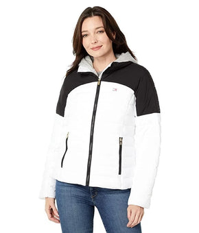 Tommy Hilfiger Women's Hooded Colorblocked Coat White Size XL MSRP $170