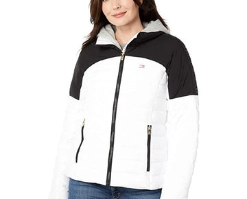 Tommy Hilfiger Women's Hooded Colorblocked Coat White Size XL MSRP $170