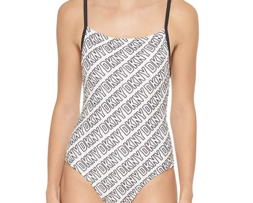 DKNY WHITE/BLACK Logo-Print One-Piece Swimsuit Swimwear, US Size L