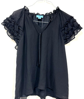 CeCe Womens Ruched Ruffle Rag Rich Black Top Size XS MSRP $79