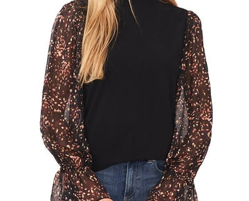 CeCe Women's Sheer Printed Long-Sleeve Mock Neck Top Black Size S MSRP $69