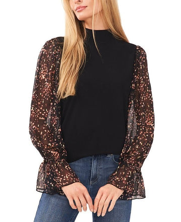 CeCe Women's Sheer Printed Long-Sleeve Mock Neck Top Black Size S MSRP $69