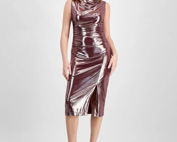 Vince Camuto Women's Metallic Cowlneck Ruched Dress Wind Red Size 14 MSRP $168