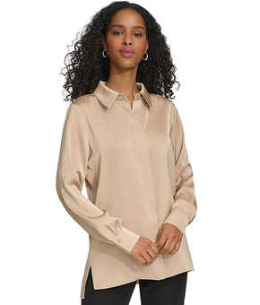 Calvin Klein Women's Long Sleeve High-Low Collared Shirt Size M Beige $89