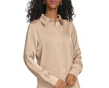 Calvin Klein Women's Long Sleeve High-Low Collared Shirt Size M Beige $89
