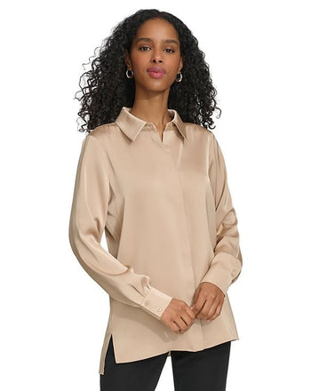 Calvin Klein Women's Long Sleeve High-Low Collared Shirt Size M Beige $89