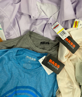 Men's Clothing T-shirts and others Wholesale Lot, PGA TOUR, BASS HYBRID, CHAMPION, CLUB ROOM, AND NOW THIS and more, 14 items, Shelf Pulls, MSRP $642