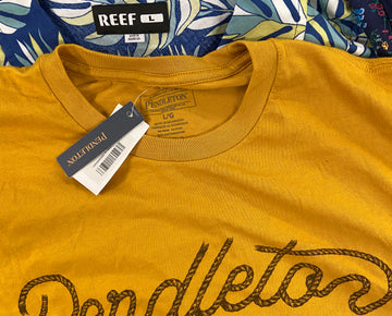 Men's Clothing Tops & Others Wholesale Lot, DKNY, REEF, PENDLETON, CLUB ROOM, HEROES, GALAXY and more, 14 items, Shelf Pulls, MSRP $686
