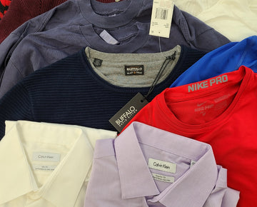 Men's Clothing Wholesale Lot Tommy Hilfiger, Calvin Klein, Nike, Buffalo Jeans, Vince Camuto, American Apparel, Alfani, Club Room, and more, 25 Units, Shelf Pulls, MSRP $1,635.00