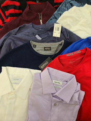 Men's Clothing Wholesale Lot Tommy Hilfiger, Calvin Klein, Nike, Buffalo Jeans, Vince Camuto, American Apparel, Alfani, Club Room, and more, 25 Units, Shelf Pulls, MSRP $1,635.00