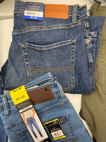 Men's Clothing Pants & Jeans Wholesale Lot, LUCKY BRAND, KIRKLAND, GH BASS, BUFFALO and more, 7 items, Shelf Pulls, MSRP $394
